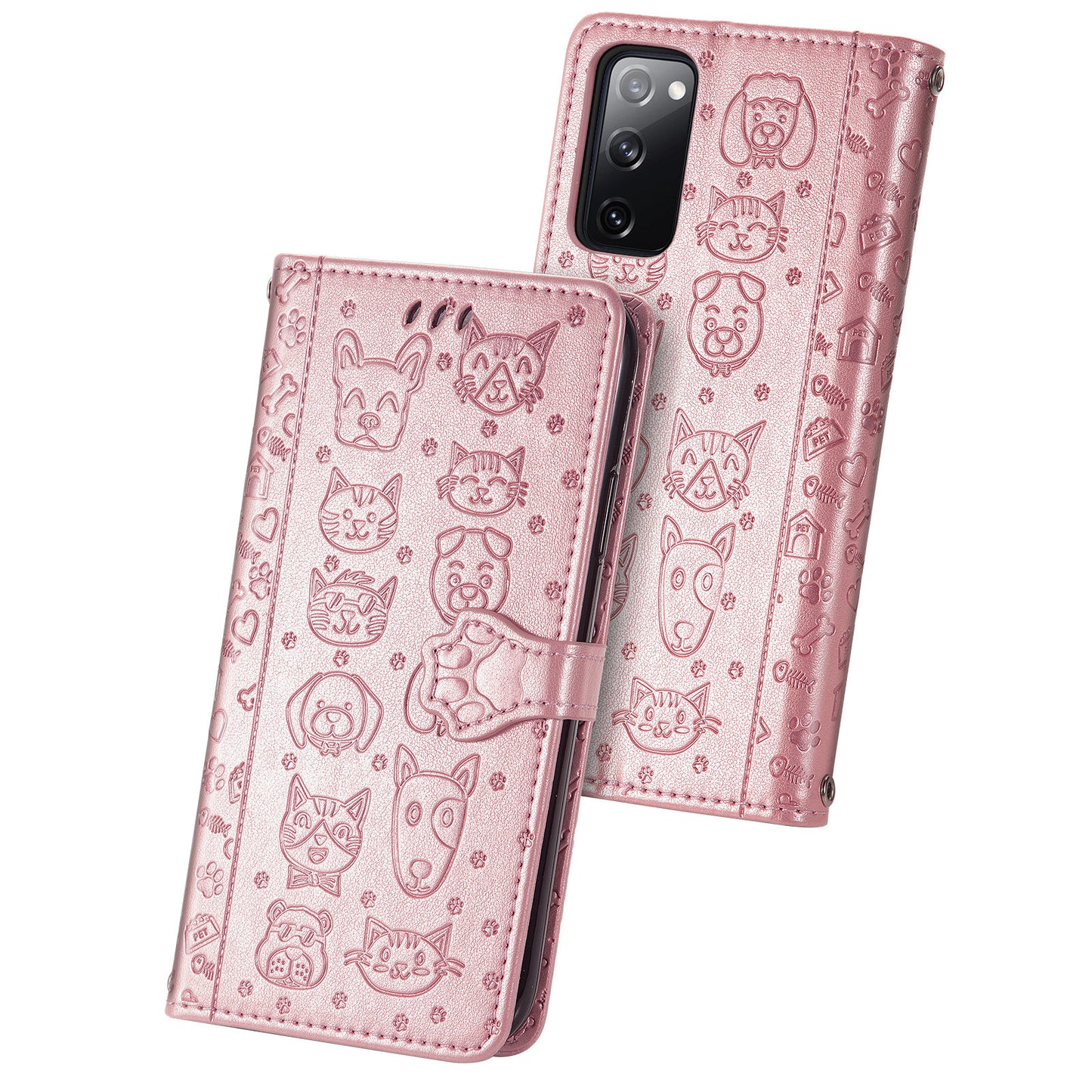 Imprint Cat Dog Pattern Leather Case with Stand Wallet for Samsung Galaxy S20 FE 2022/S20 FE 4G/S20 FE 5G/S20 Lite - Rose Gold