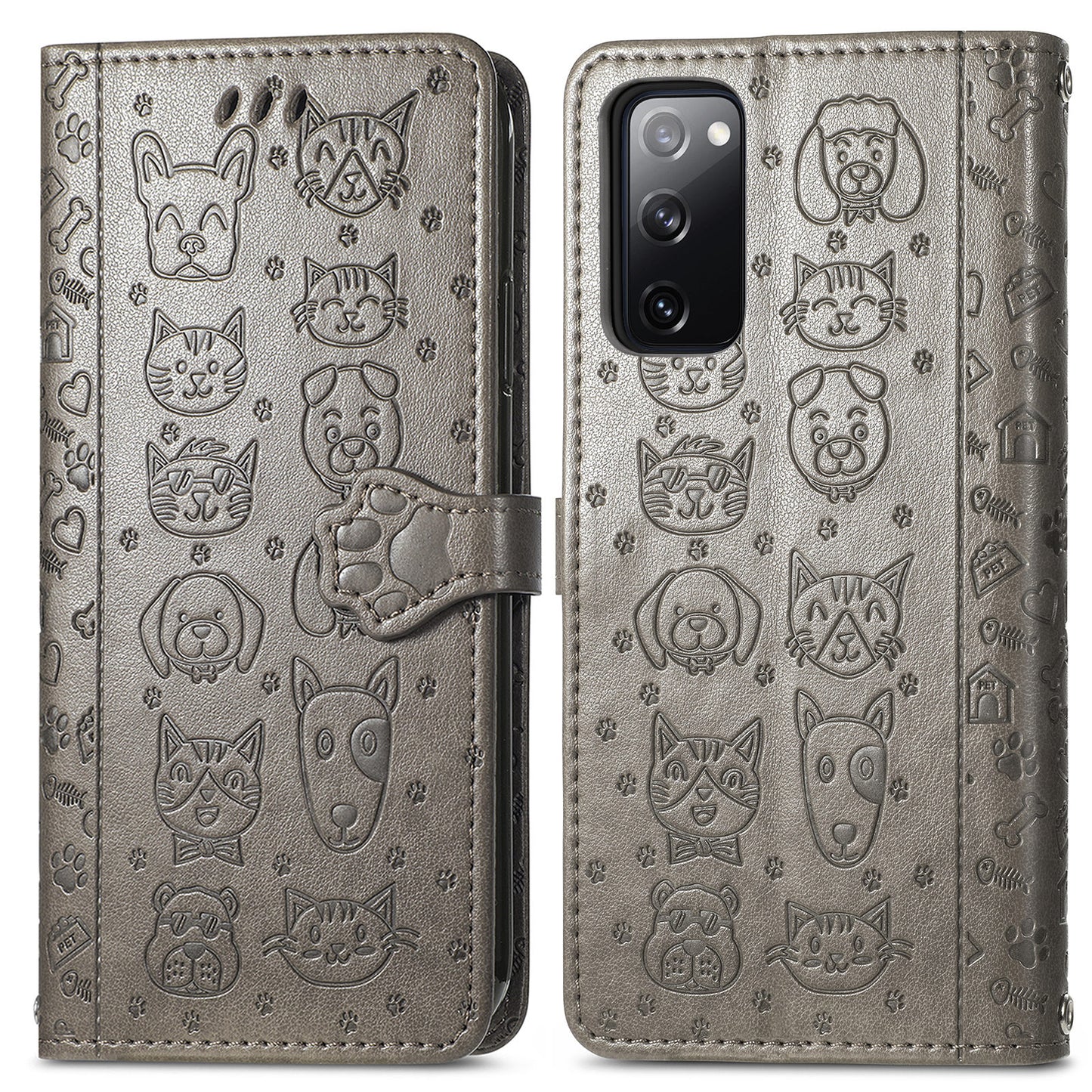 Imprint Cat Dog Pattern Leather Case with Stand Wallet for Samsung Galaxy S20 FE 2022/S20 FE 4G/S20 FE 5G/S20 Lite - Grey