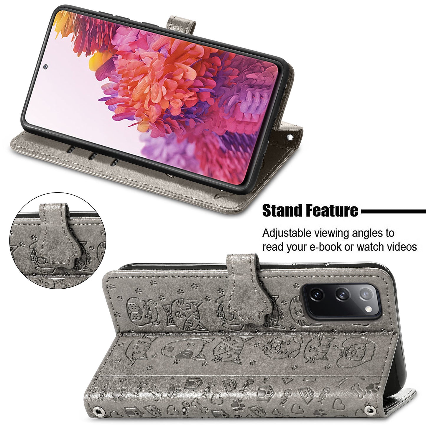 Imprint Cat Dog Pattern Leather Case with Stand Wallet for Samsung Galaxy S20 FE 2022/S20 FE 4G/S20 FE 5G/S20 Lite - Grey