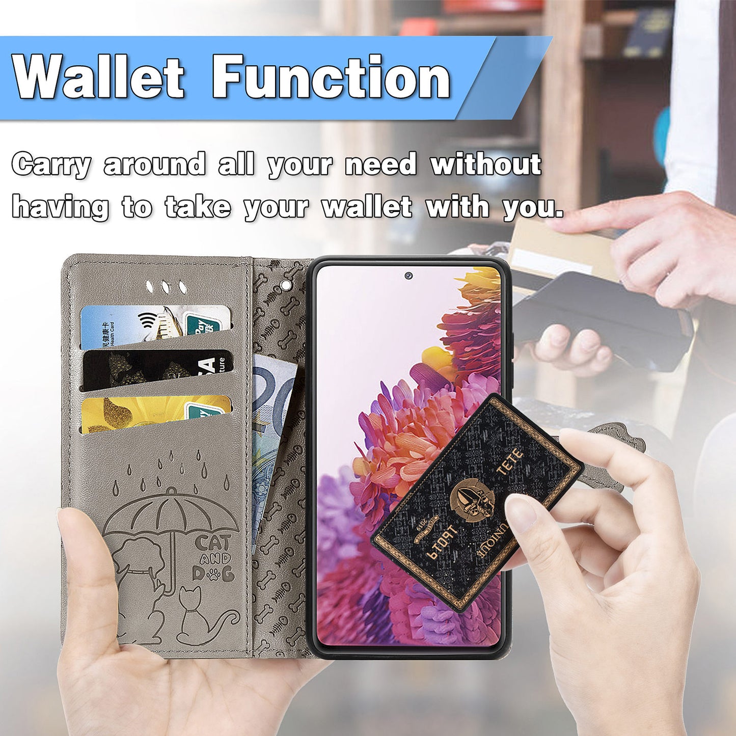 Imprint Cat Dog Pattern Leather Case with Stand Wallet for Samsung Galaxy S20 FE 2022/S20 FE 4G/S20 FE 5G/S20 Lite - Grey