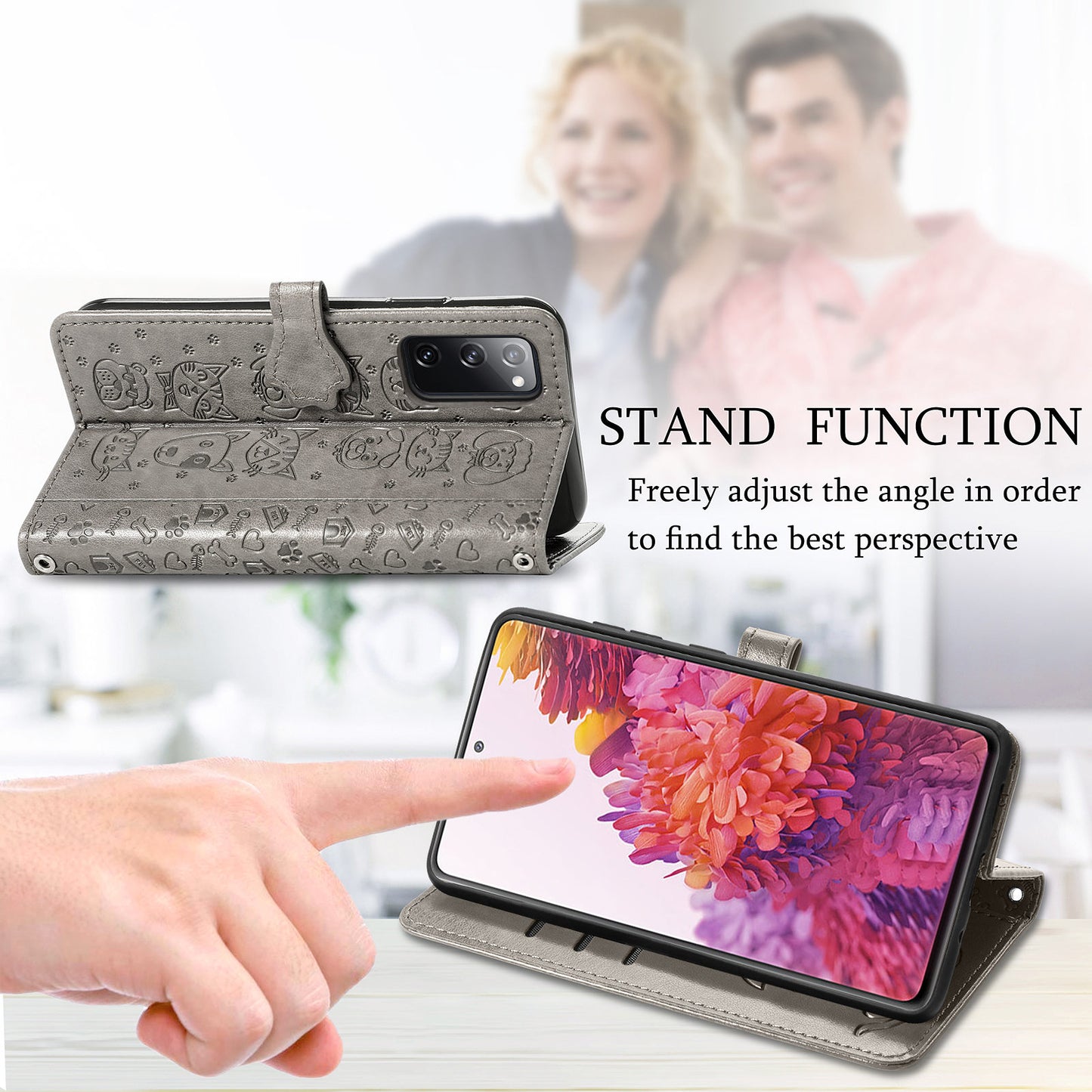 Imprint Cat Dog Pattern Leather Case with Stand Wallet for Samsung Galaxy S20 FE 2022/S20 FE 4G/S20 FE 5G/S20 Lite - Grey