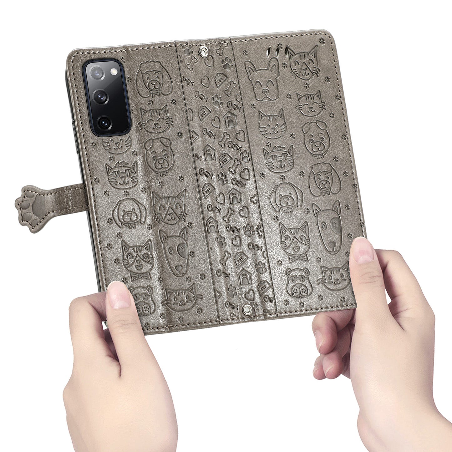 Imprint Cat Dog Pattern Leather Case with Stand Wallet for Samsung Galaxy S20 FE 2022/S20 FE 4G/S20 FE 5G/S20 Lite - Grey