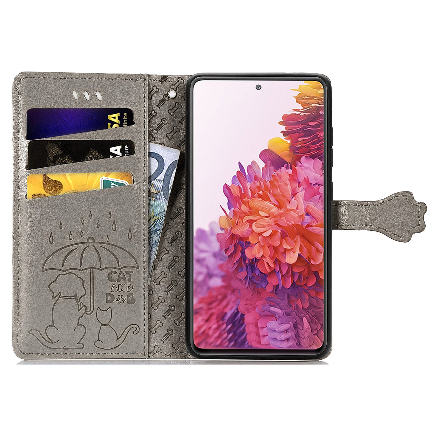 Imprint Cat Dog Pattern Leather Case with Stand Wallet for Samsung Galaxy S20 FE 2022/S20 FE 4G/S20 FE 5G/S20 Lite - Grey
