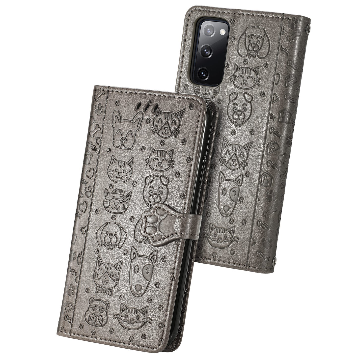 Imprint Cat Dog Pattern Leather Case with Stand Wallet for Samsung Galaxy S20 FE 2022/S20 FE 4G/S20 FE 5G/S20 Lite - Grey