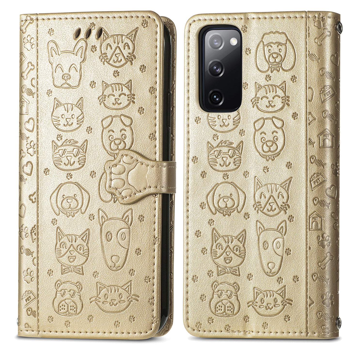 Imprint Cat Dog Pattern Leather Case with Stand Wallet for Samsung Galaxy S20 FE 2022/S20 FE 4G/S20 FE 5G/S20 Lite - Gold