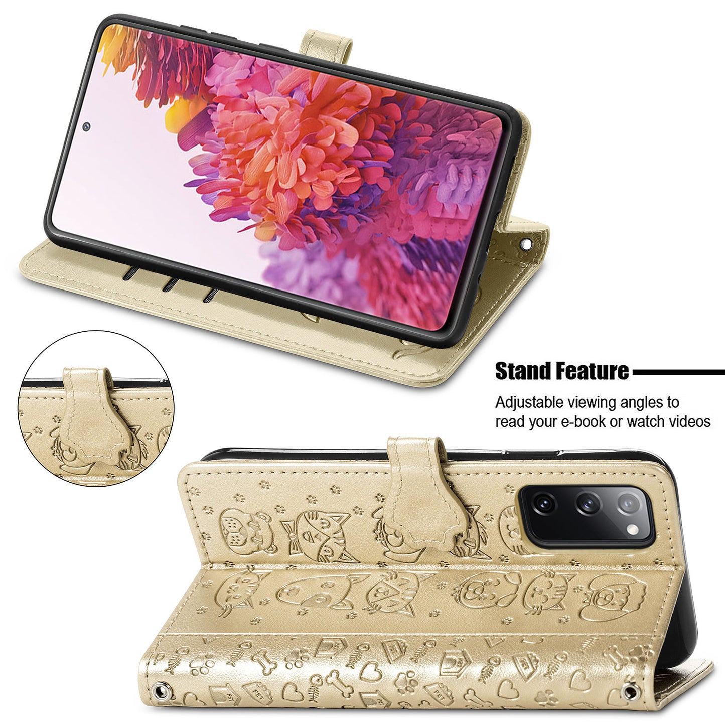 Imprint Cat Dog Pattern Leather Case with Stand Wallet for Samsung Galaxy S20 FE 2022/S20 FE 4G/S20 FE 5G/S20 Lite - Gold