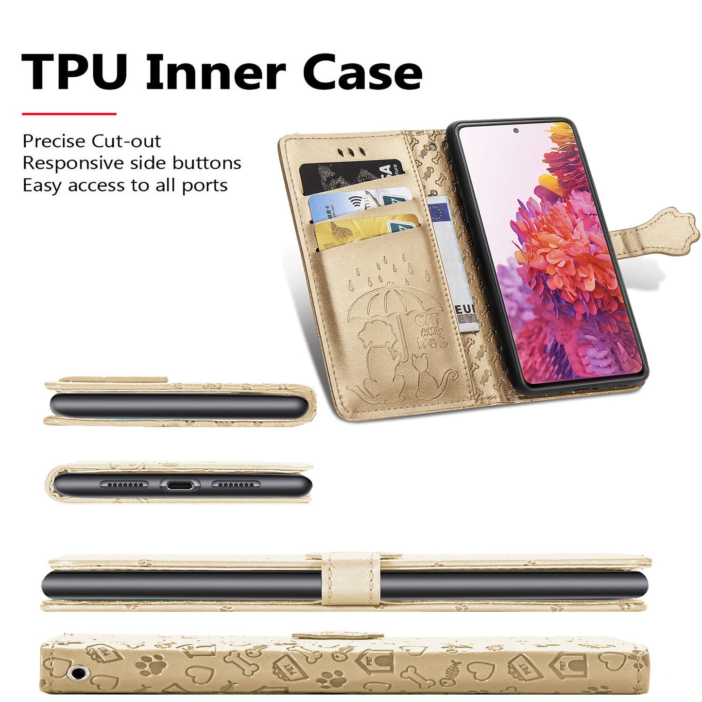 Imprint Cat Dog Pattern Leather Case with Stand Wallet for Samsung Galaxy S20 FE 2022/S20 FE 4G/S20 FE 5G/S20 Lite - Gold