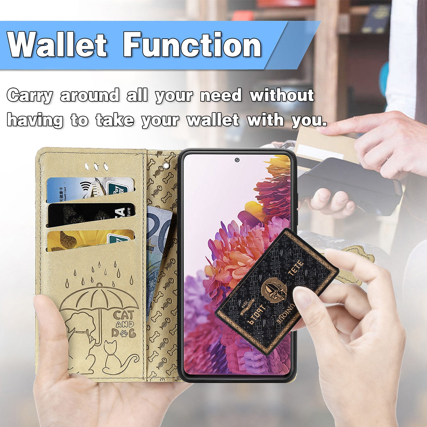 Imprint Cat Dog Pattern Leather Case with Stand Wallet for Samsung Galaxy S20 FE 2022/S20 FE 4G/S20 FE 5G/S20 Lite - Gold