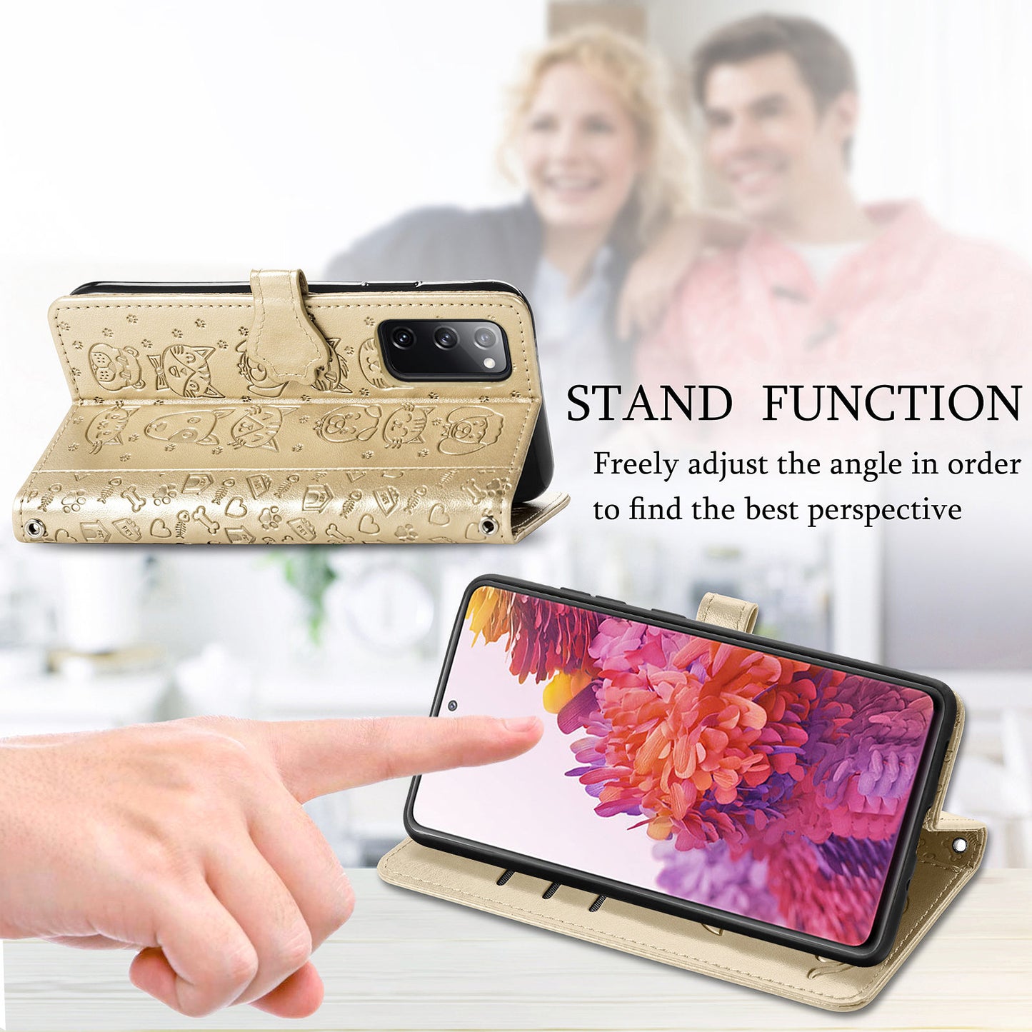 Imprint Cat Dog Pattern Leather Case with Stand Wallet for Samsung Galaxy S20 FE 2022/S20 FE 4G/S20 FE 5G/S20 Lite - Gold