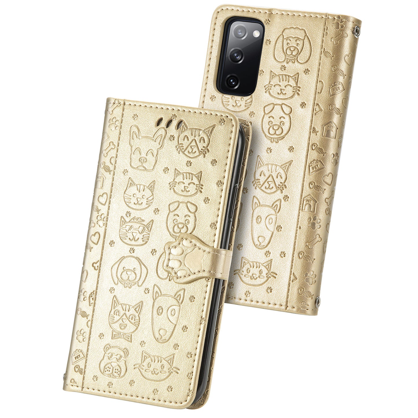 Imprint Cat Dog Pattern Leather Case with Stand Wallet for Samsung Galaxy S20 FE 2022/S20 FE 4G/S20 FE 5G/S20 Lite - Gold
