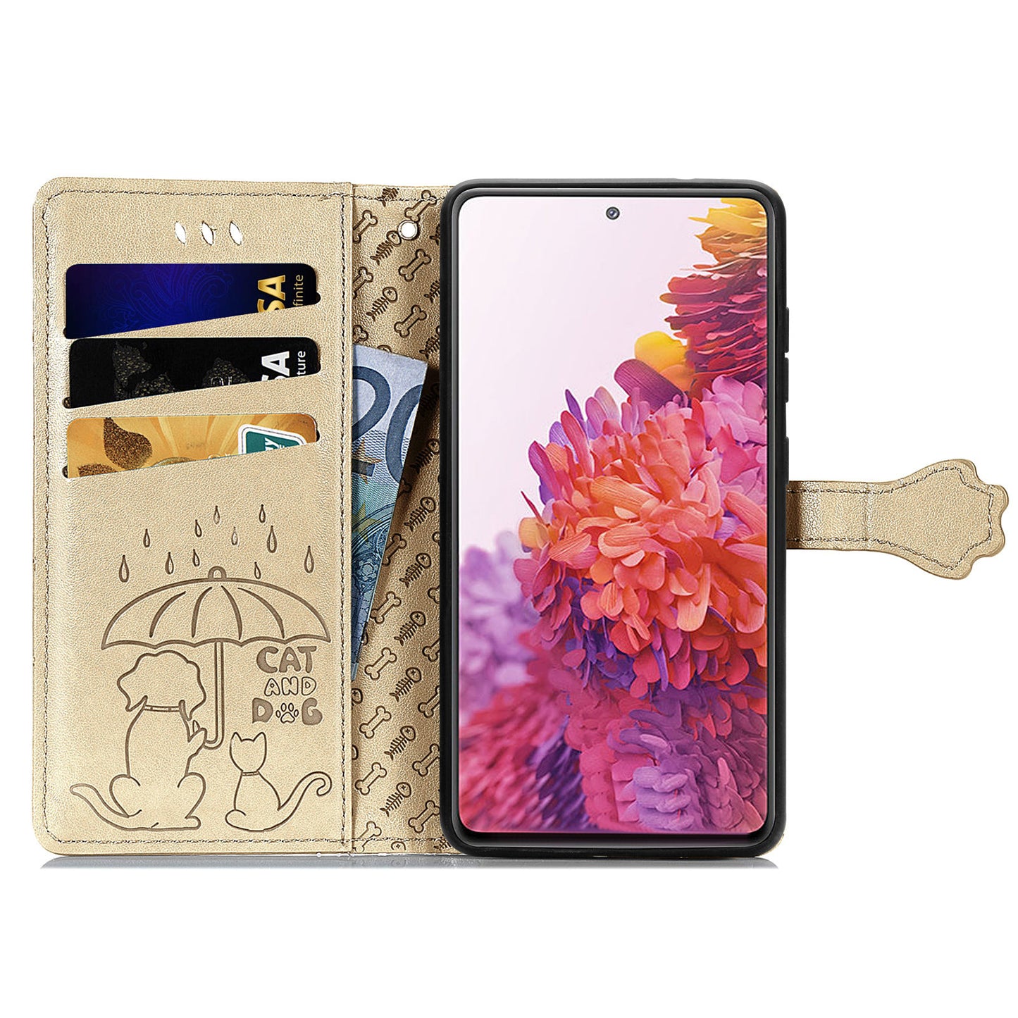 Imprint Cat Dog Pattern Leather Case with Stand Wallet for Samsung Galaxy S20 FE 2022/S20 FE 4G/S20 FE 5G/S20 Lite - Gold