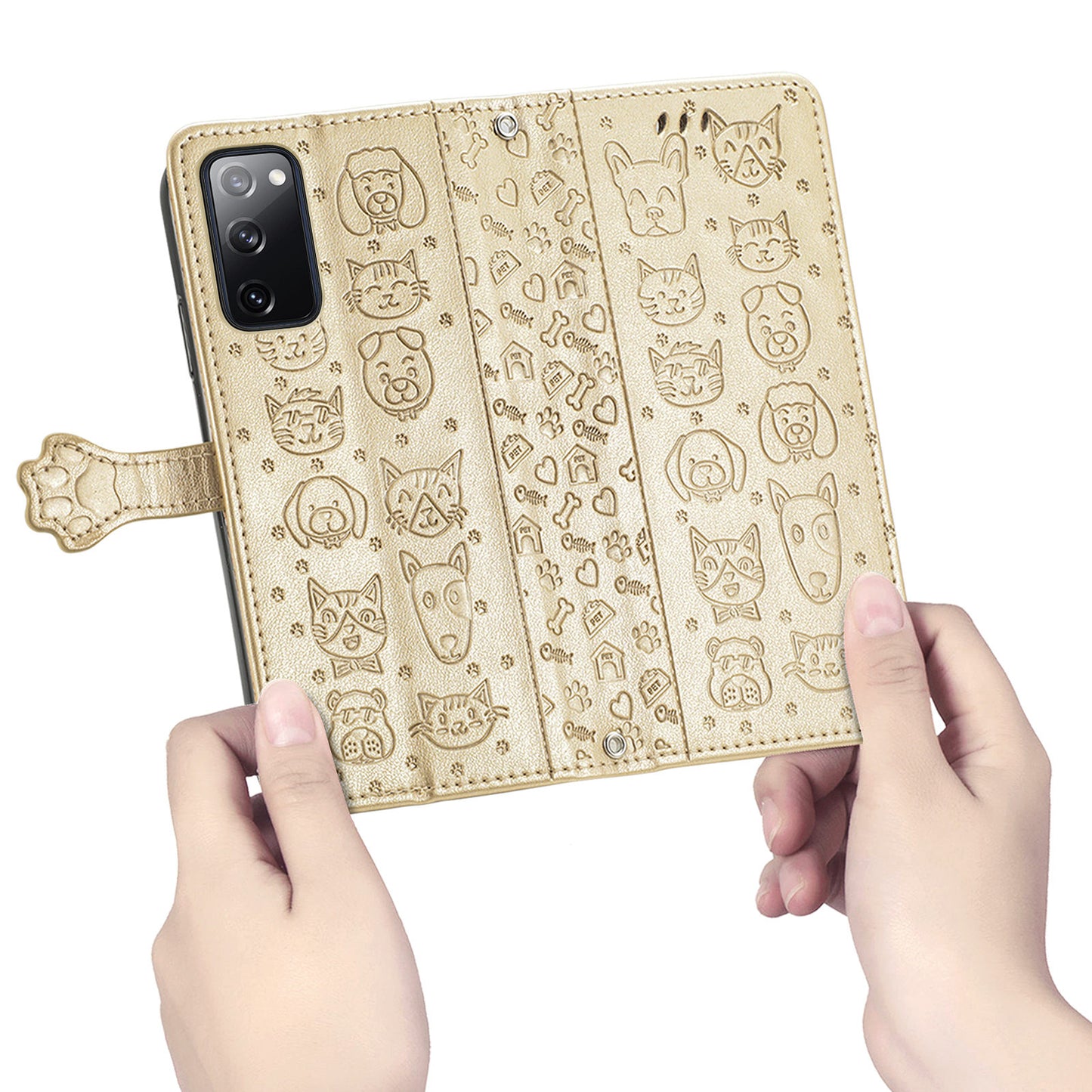 Imprint Cat Dog Pattern Leather Case with Stand Wallet for Samsung Galaxy S20 FE 2022/S20 FE 4G/S20 FE 5G/S20 Lite - Gold