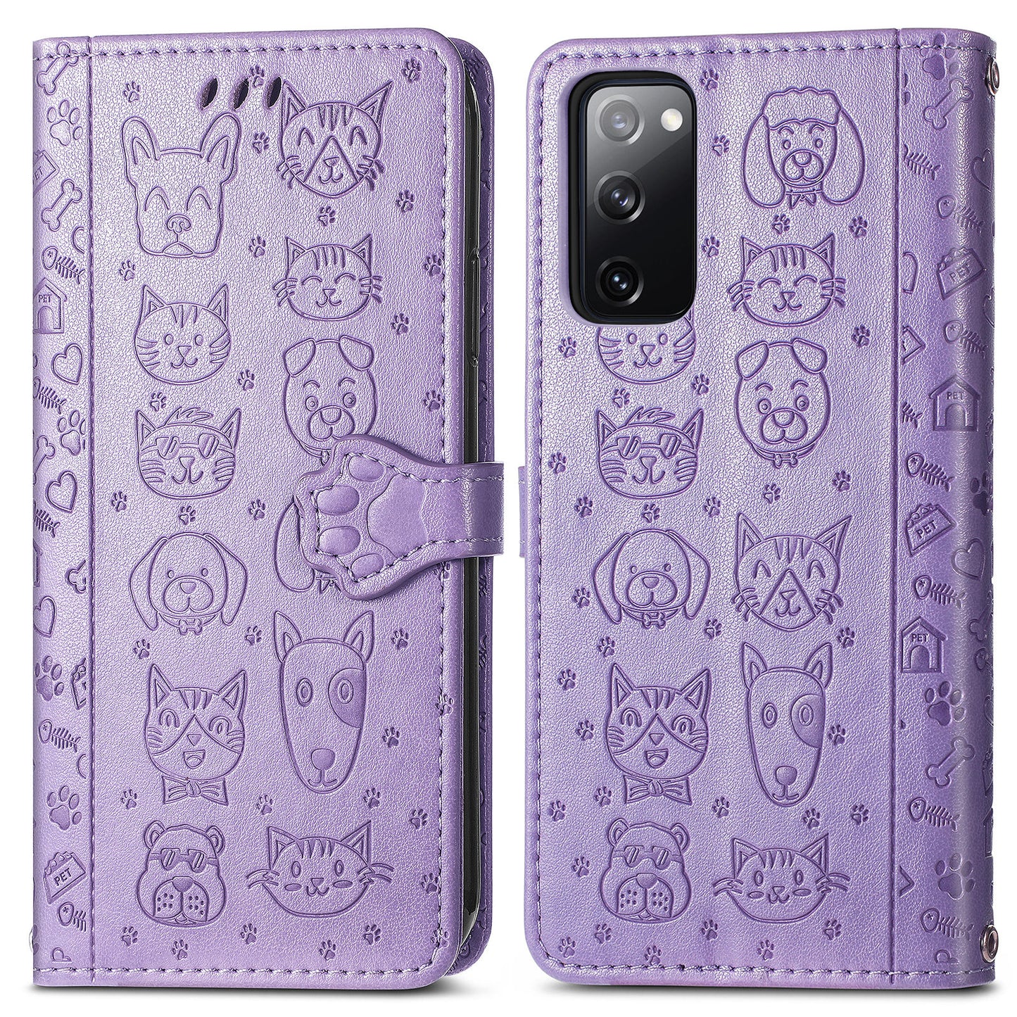 Imprint Cat Dog Pattern Leather Case with Stand Wallet for Samsung Galaxy S20 FE 2022/S20 FE 4G/S20 FE 5G/S20 Lite - Purple