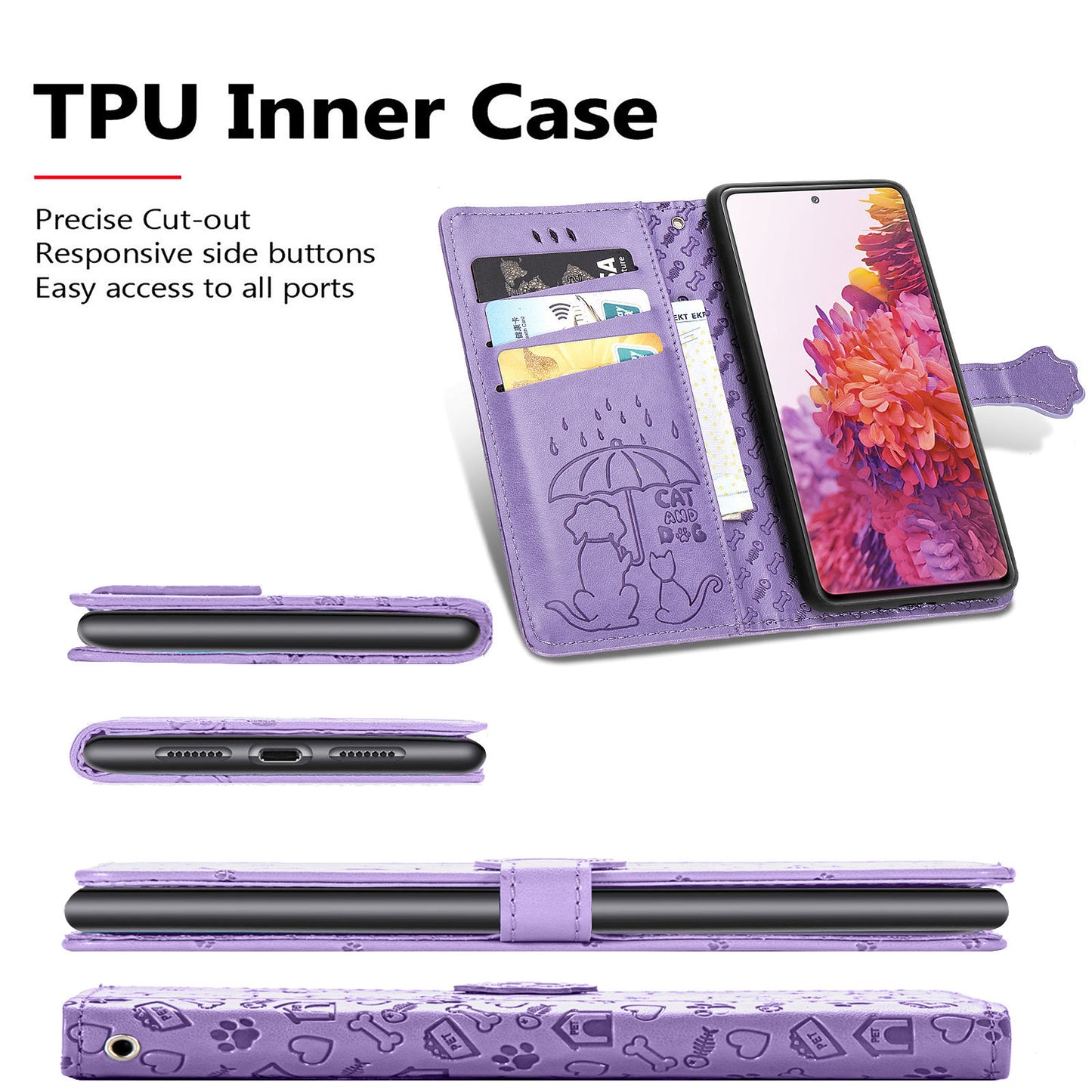 Imprint Cat Dog Pattern Leather Case with Stand Wallet for Samsung Galaxy S20 FE 2022/S20 FE 4G/S20 FE 5G/S20 Lite - Purple