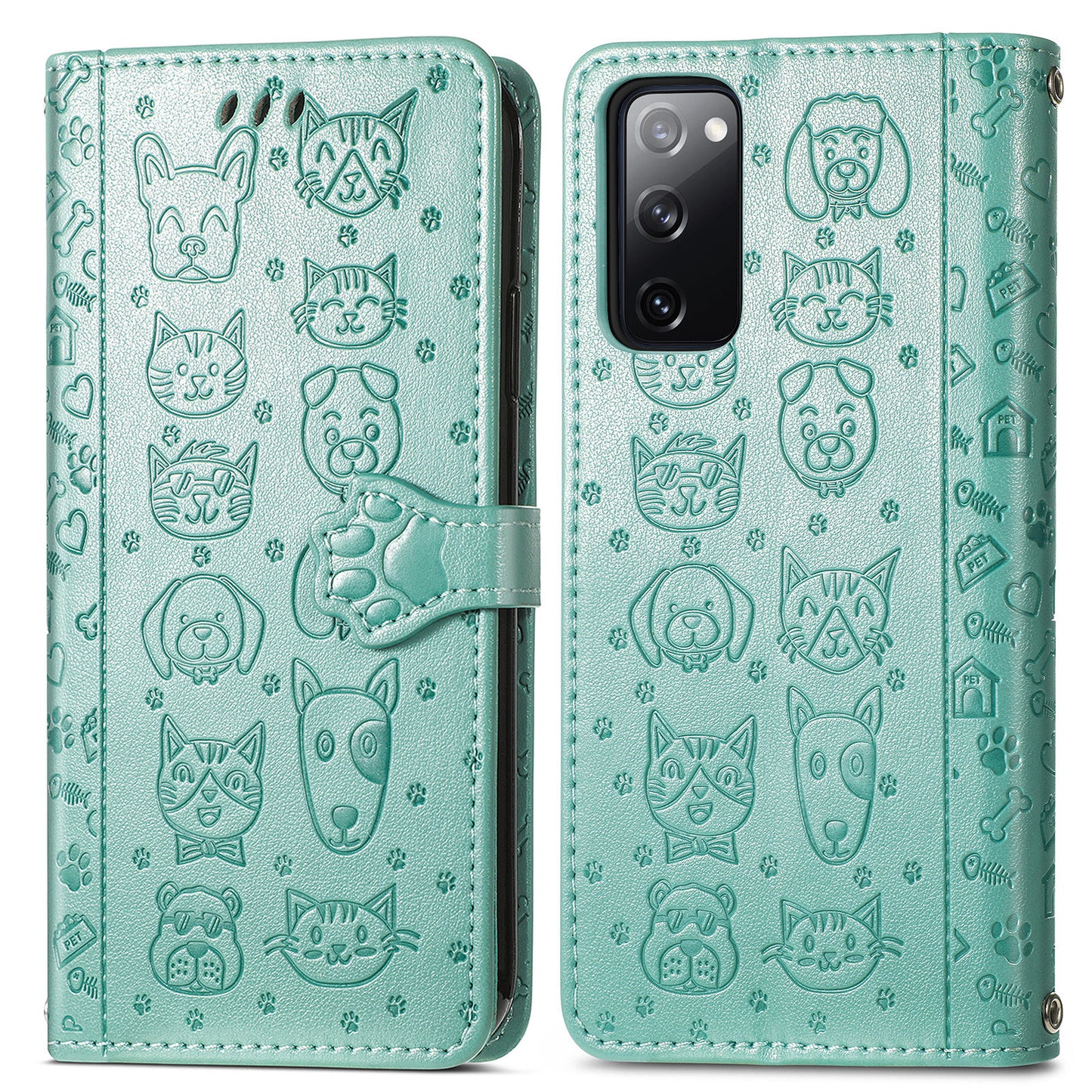 Imprint Cat Dog Pattern Leather Case with Stand Wallet for Samsung Galaxy S20 FE 2022/S20 FE 4G/S20 FE 5G/S20 Lite - Green