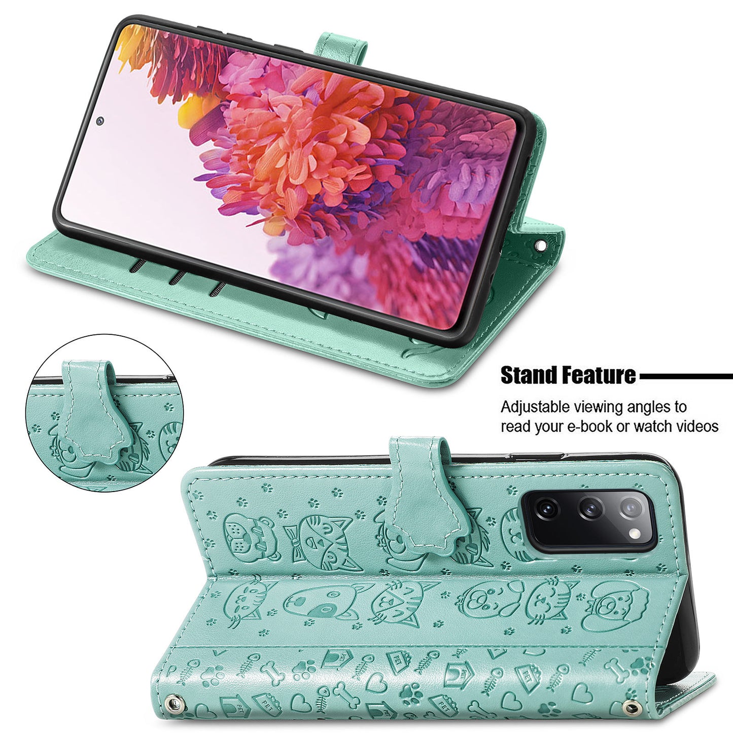 Imprint Cat Dog Pattern Leather Case with Stand Wallet for Samsung Galaxy S20 FE 2022/S20 FE 4G/S20 FE 5G/S20 Lite - Green