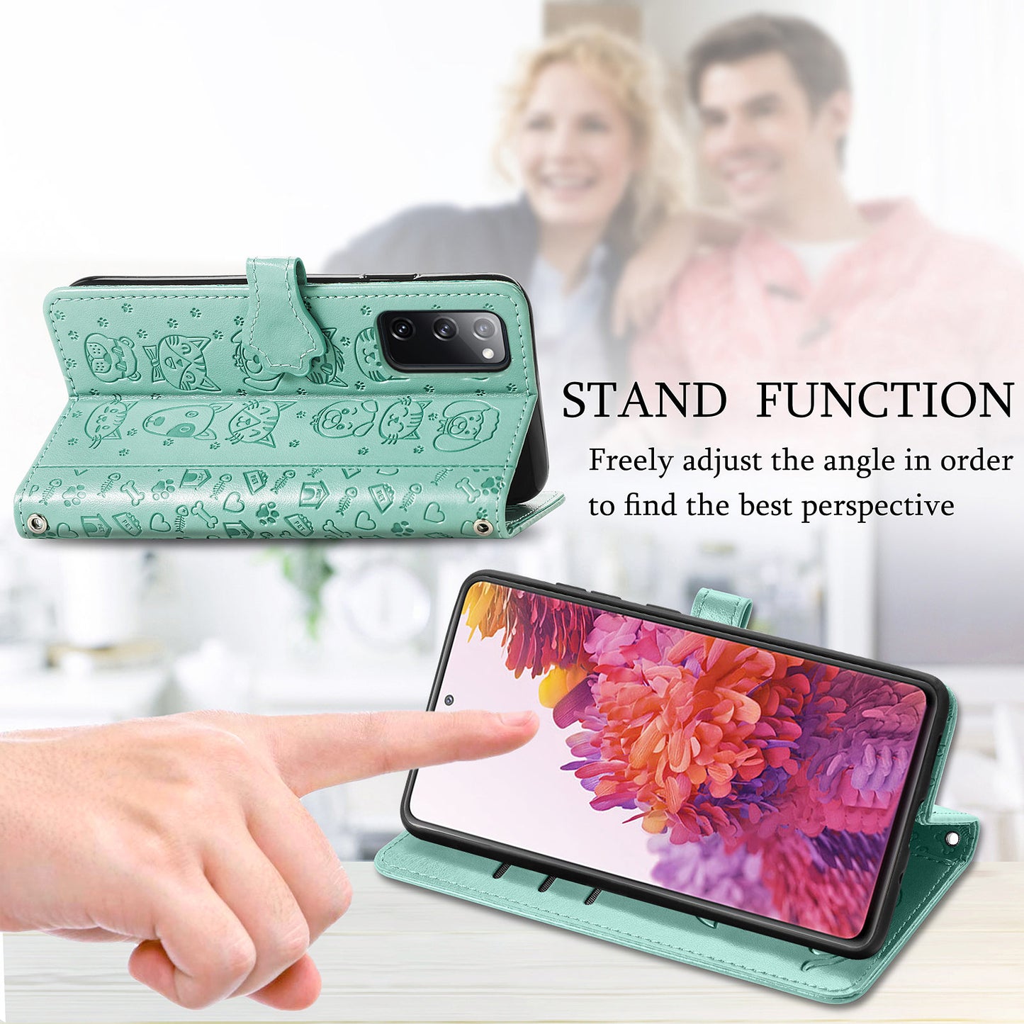 Imprint Cat Dog Pattern Leather Case with Stand Wallet for Samsung Galaxy S20 FE 2022/S20 FE 4G/S20 FE 5G/S20 Lite - Green