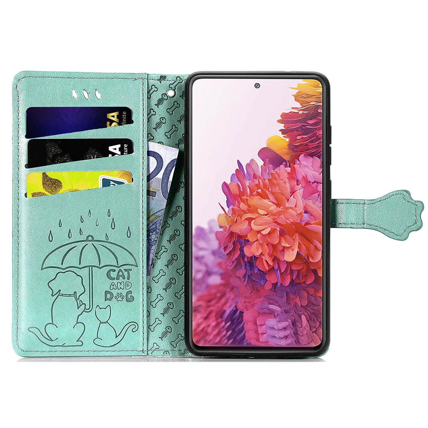 Imprint Cat Dog Pattern Leather Case with Stand Wallet for Samsung Galaxy S20 FE 2022/S20 FE 4G/S20 FE 5G/S20 Lite - Green