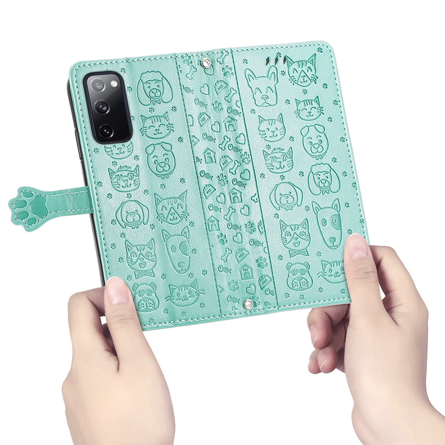 Imprint Cat Dog Pattern Leather Case with Stand Wallet for Samsung Galaxy S20 FE 2022/S20 FE 4G/S20 FE 5G/S20 Lite - Green