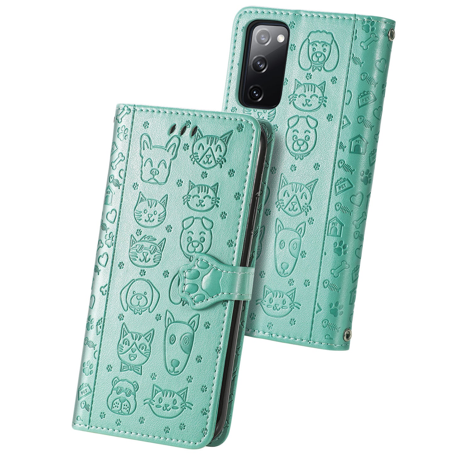 Imprint Cat Dog Pattern Leather Case with Stand Wallet for Samsung Galaxy S20 FE 2022/S20 FE 4G/S20 FE 5G/S20 Lite - Green