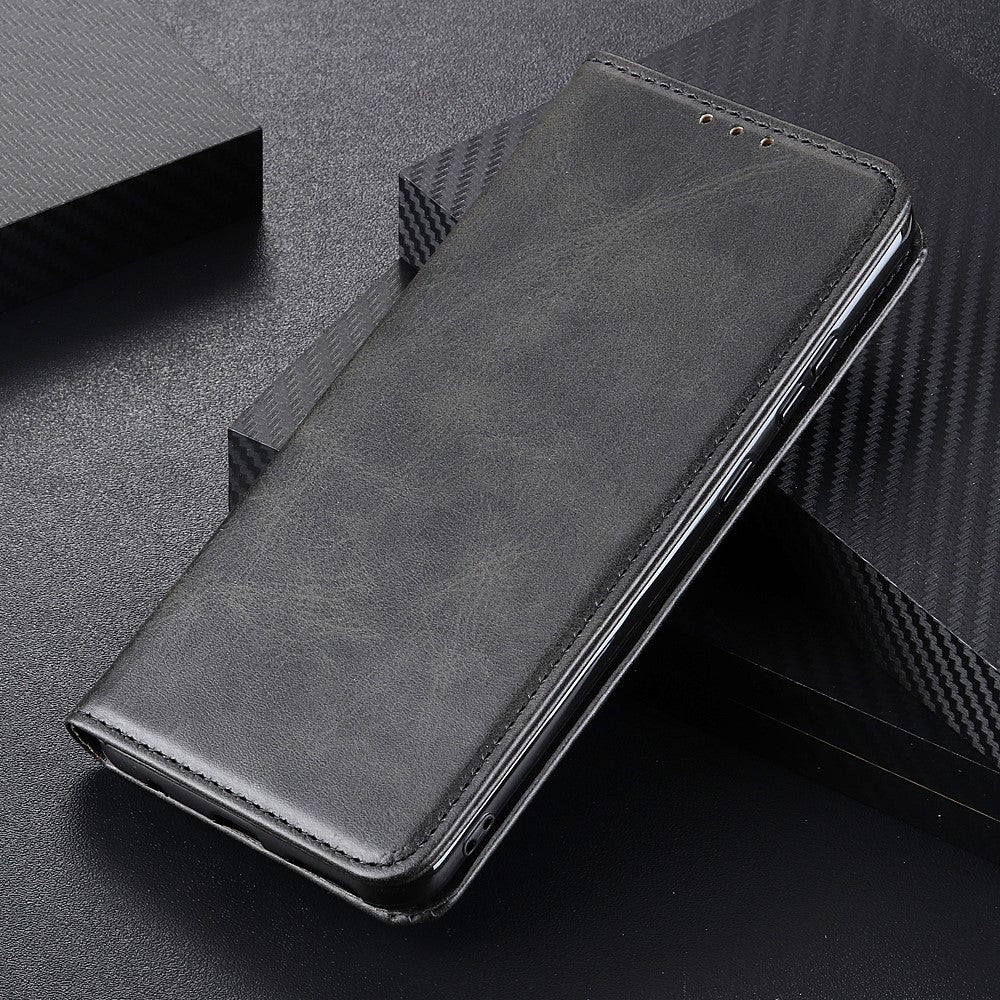 Auto-absorbed Split Leather Magnetic Wallet Phone Stand Shell Case for Samsung Galaxy M32 (Global Version) - Black