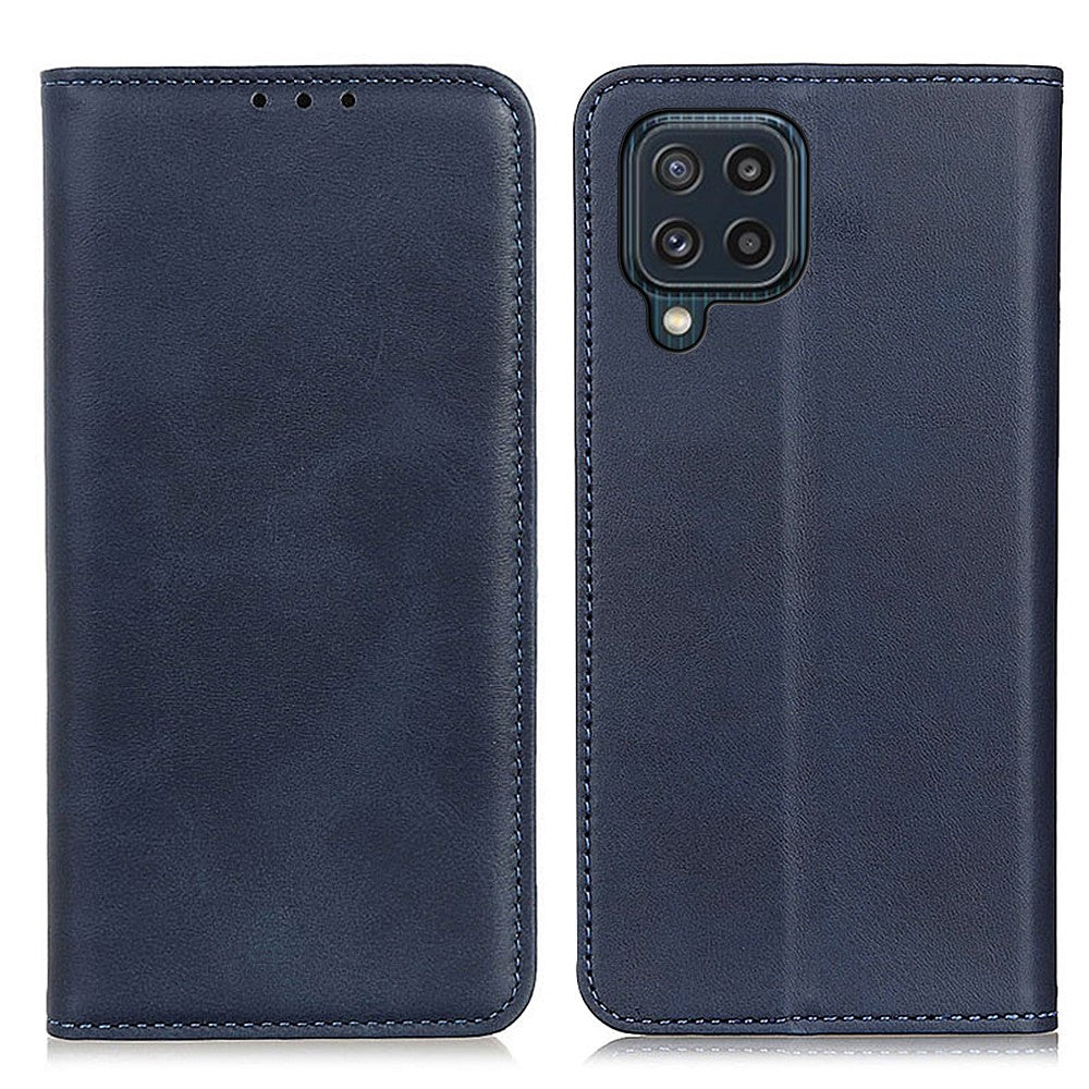 Auto-absorbed Split Leather Magnetic Wallet Phone Stand Shell Case for Samsung Galaxy M32 (Global Version) - Blue