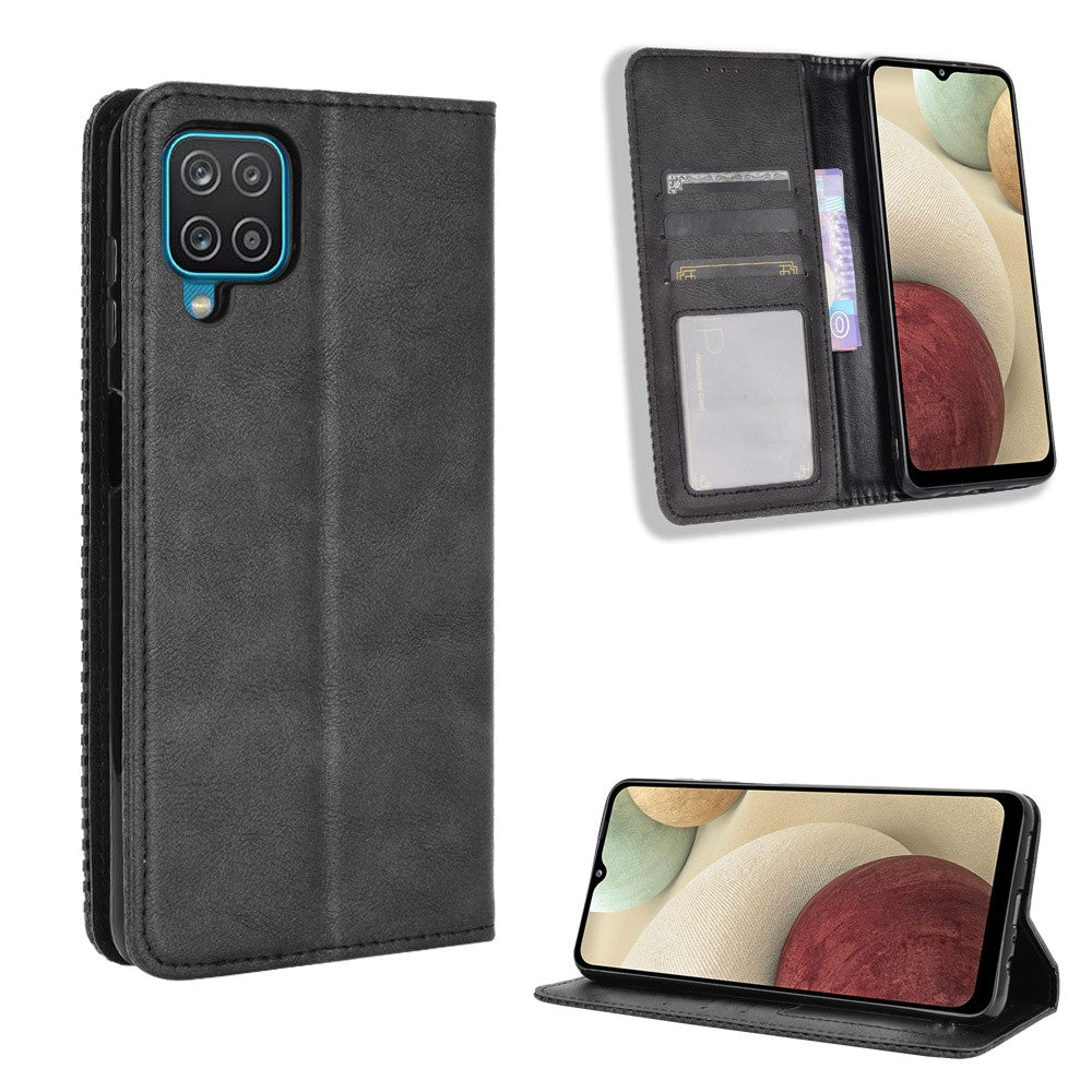 Retro Style Magnetic Closure Leather Wallet Phone Stand Case for Samsung Galaxy M32 (Global Version) - Black