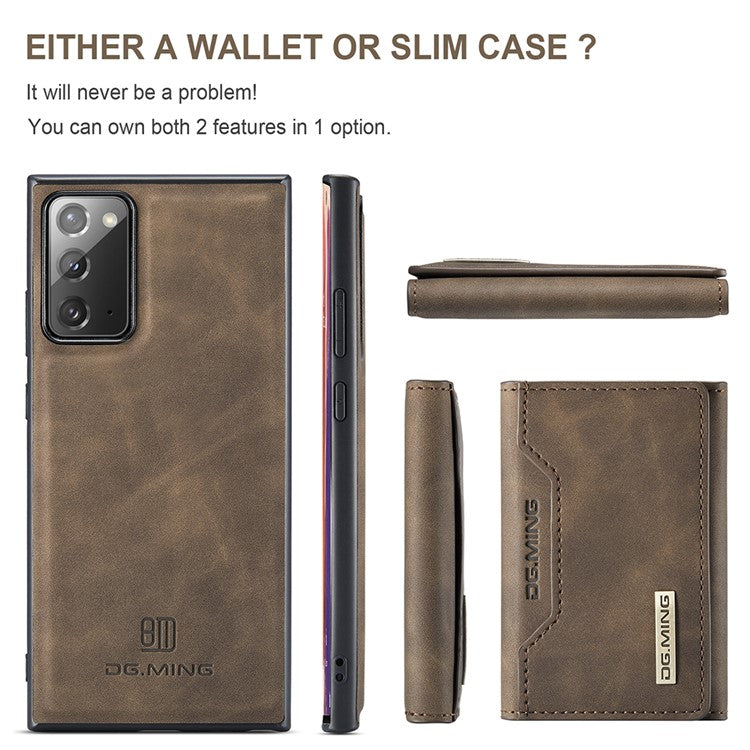 DG.MING M2 Series Tri-fold Wallet Magnetic Kickstand Design Leather Case for Samsung Galaxy Note20 4G/5G - Coffee