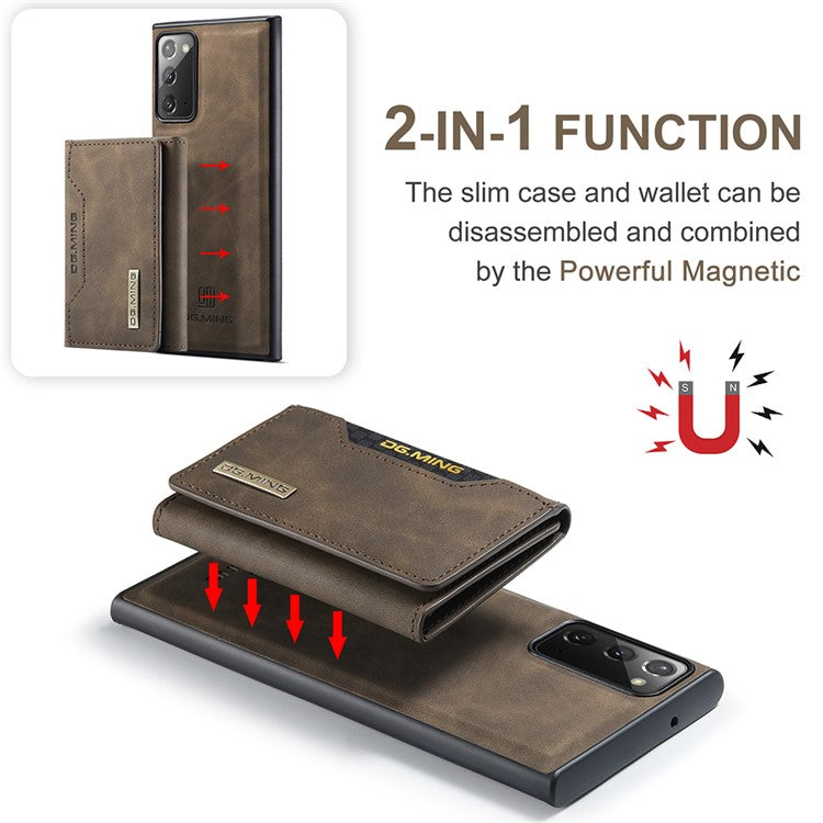 DG.MING M2 Series Tri-fold Wallet Magnetic Kickstand Design Leather Case for Samsung Galaxy Note20 4G/5G - Coffee