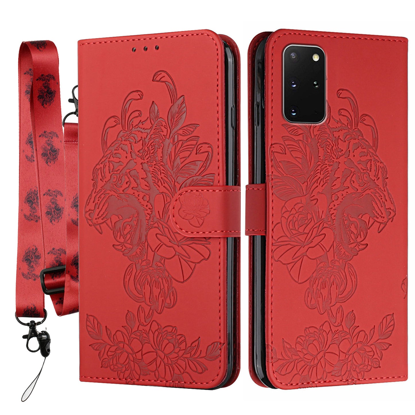 Full Protective Tiger and Flower Imprint Pattern Leather Phone Stand Cover with Strap for Samsung Galaxy S20 Plus 4G/5G - Red