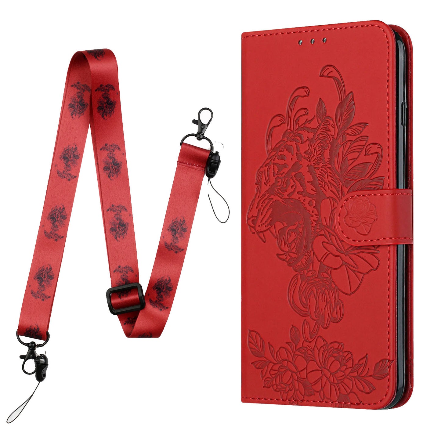 Full Protective Tiger and Flower Imprint Pattern Leather Phone Stand Cover with Strap for Samsung Galaxy S20 Plus 4G/5G - Red