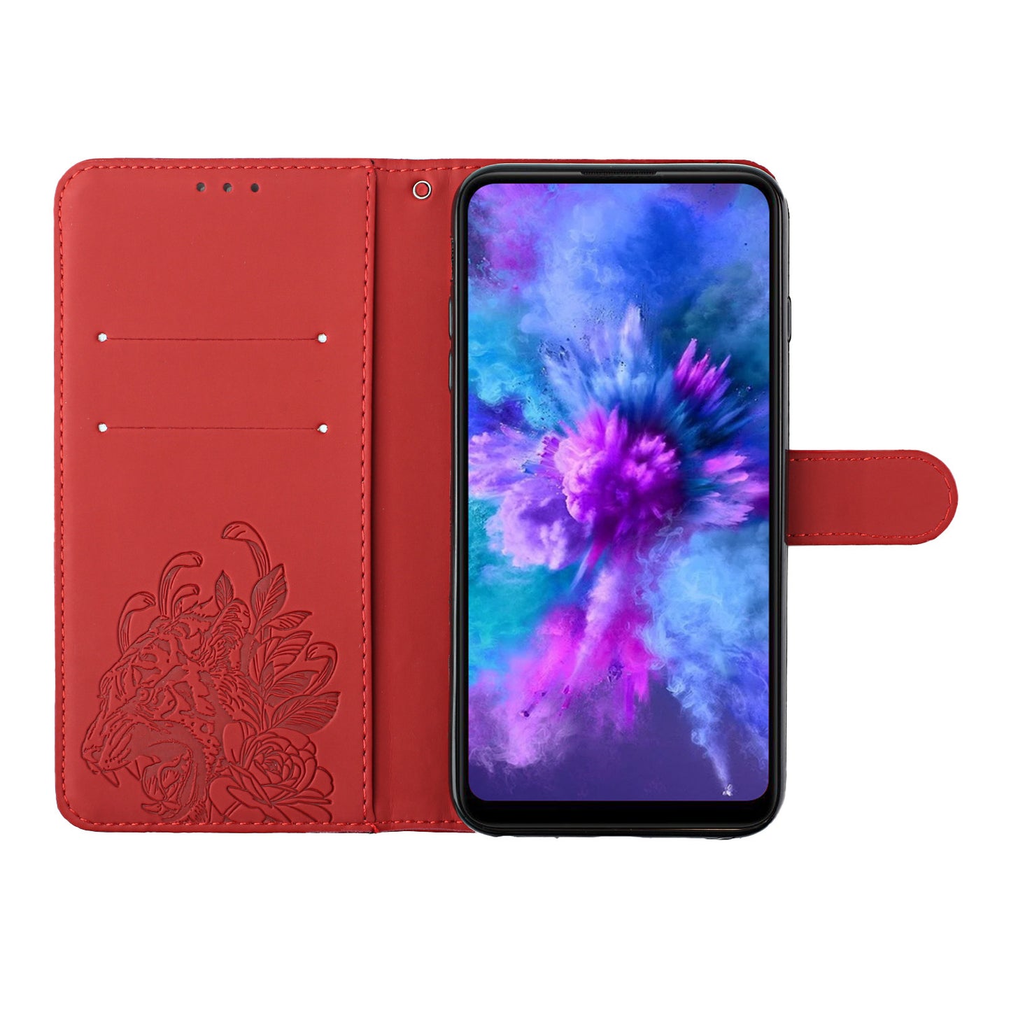 Full Protective Tiger and Flower Imprint Pattern Leather Phone Stand Cover with Strap for Samsung Galaxy S20 Plus 4G/5G - Red