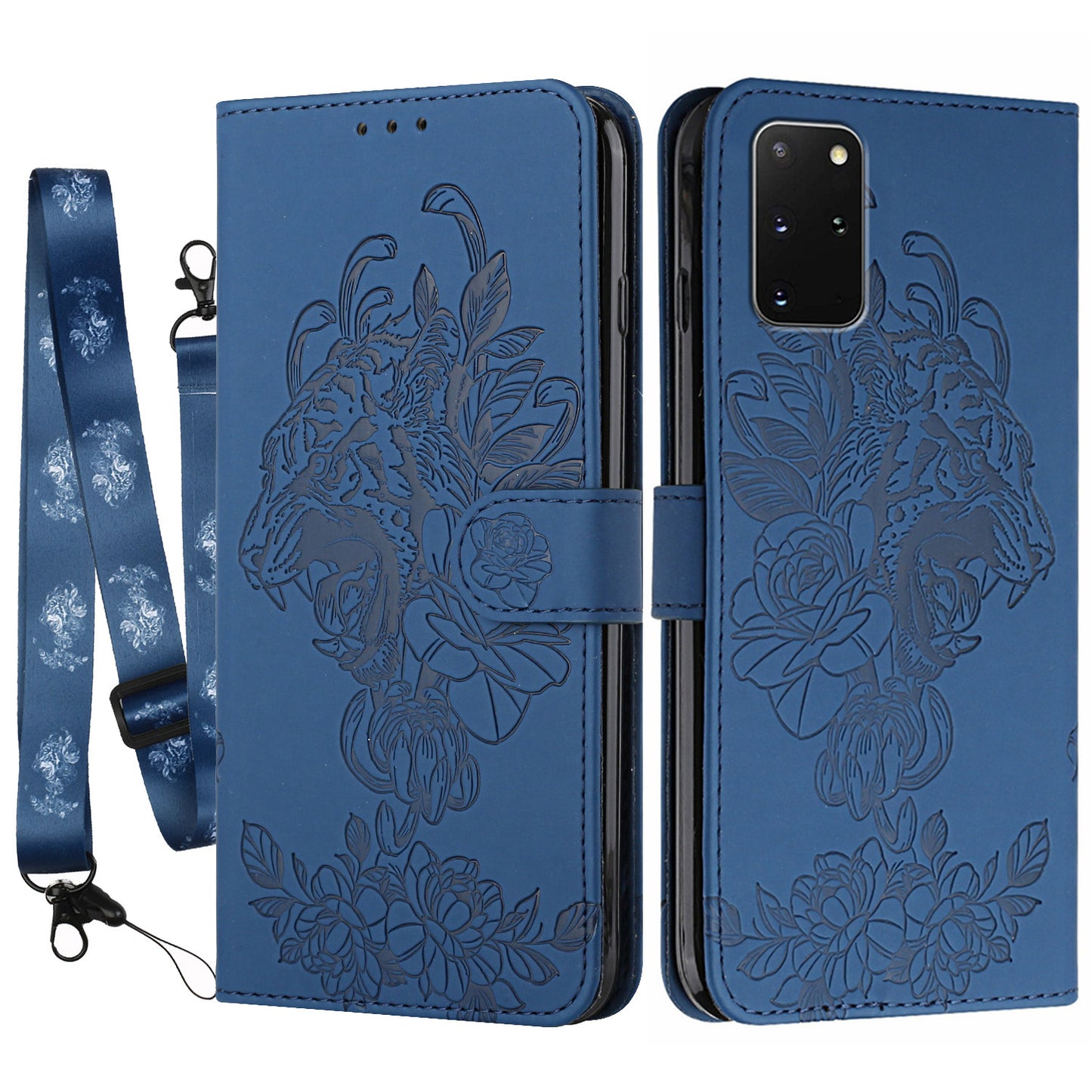 Full Protective Tiger and Flower Imprint Pattern Leather Phone Stand Cover with Strap for Samsung Galaxy S20 Plus 4G/5G - Blue