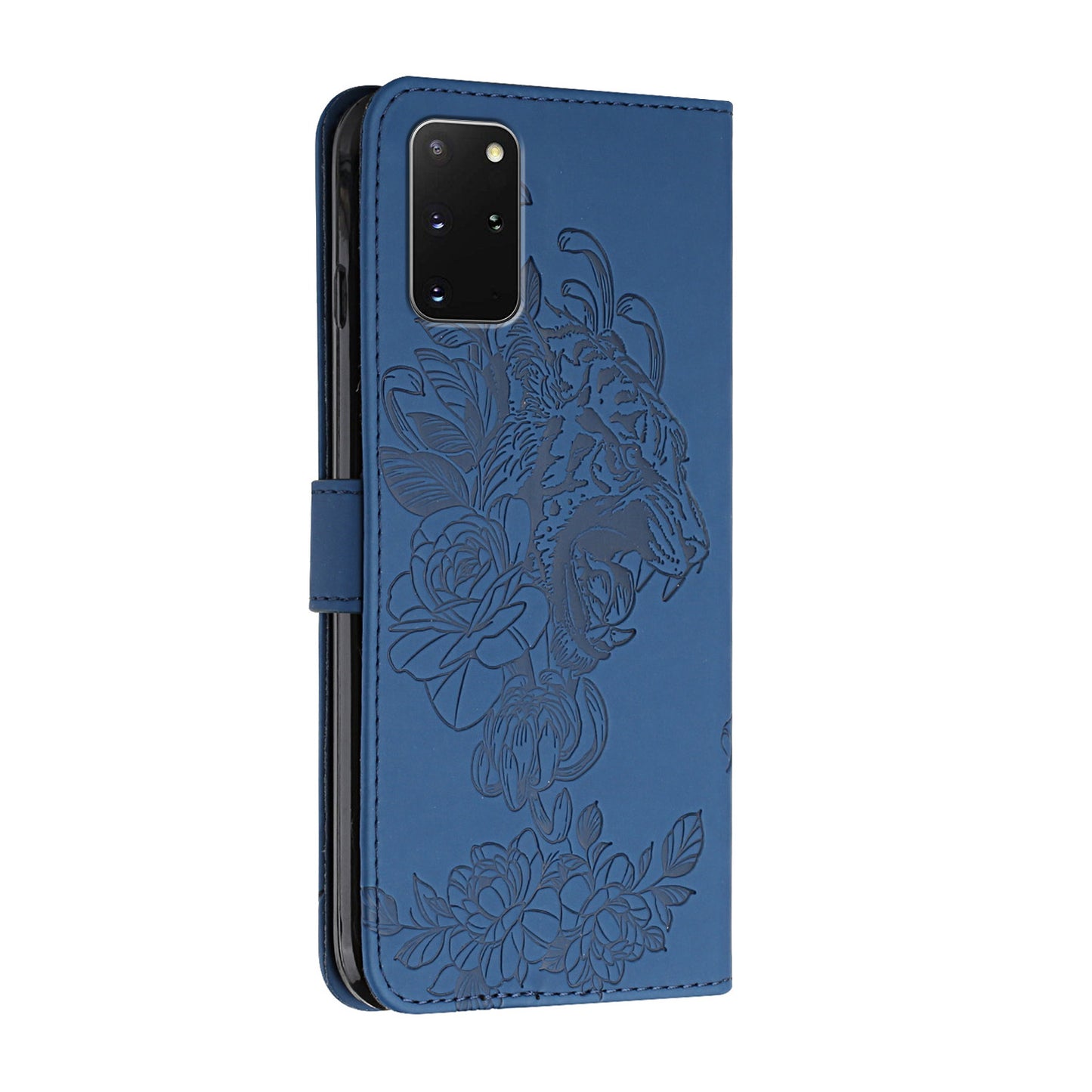 Full Protective Tiger and Flower Imprint Pattern Leather Phone Stand Cover with Strap for Samsung Galaxy S20 Plus 4G/5G - Blue