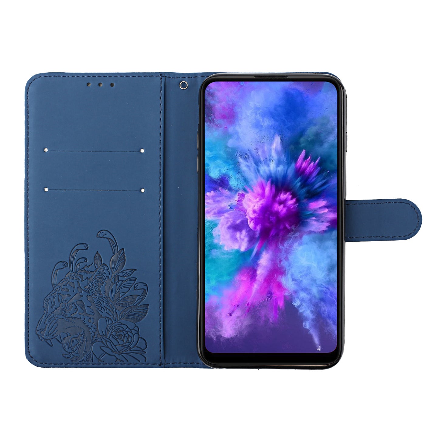 Full Protective Tiger and Flower Imprint Pattern Leather Phone Stand Cover with Strap for Samsung Galaxy S20 Plus 4G/5G - Blue