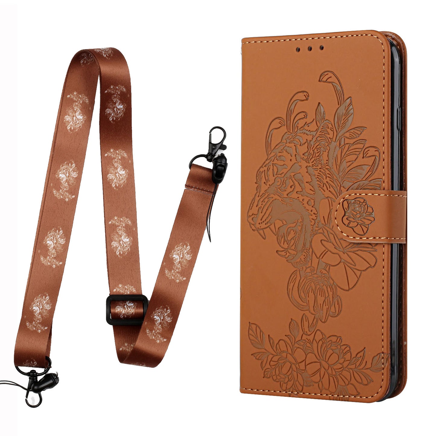 Full Protective Tiger and Flower Imprint Pattern Leather Phone Stand Cover with Strap for Samsung Galaxy S20 Plus 4G/5G - Brown