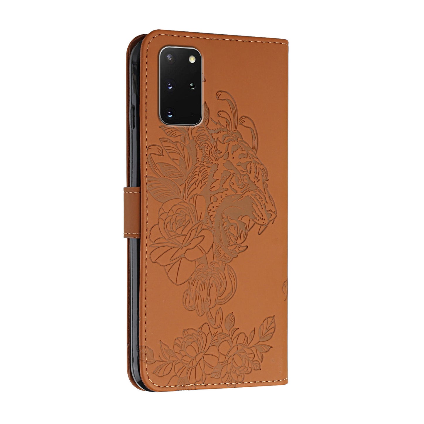 Full Protective Tiger and Flower Imprint Pattern Leather Phone Stand Cover with Strap for Samsung Galaxy S20 Plus 4G/5G - Brown