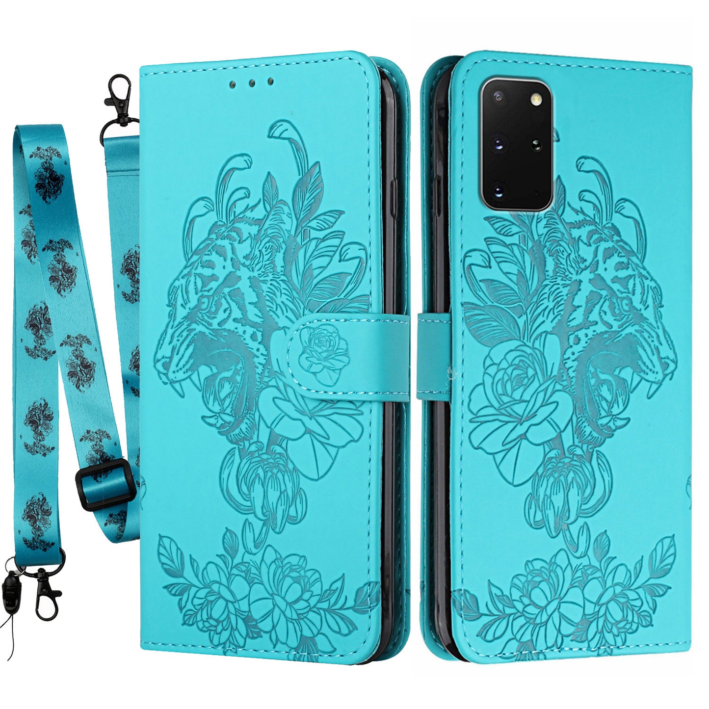 Full Protective Tiger and Flower Imprint Pattern Leather Phone Stand Cover with Strap for Samsung Galaxy S20 Plus 4G/5G - Green