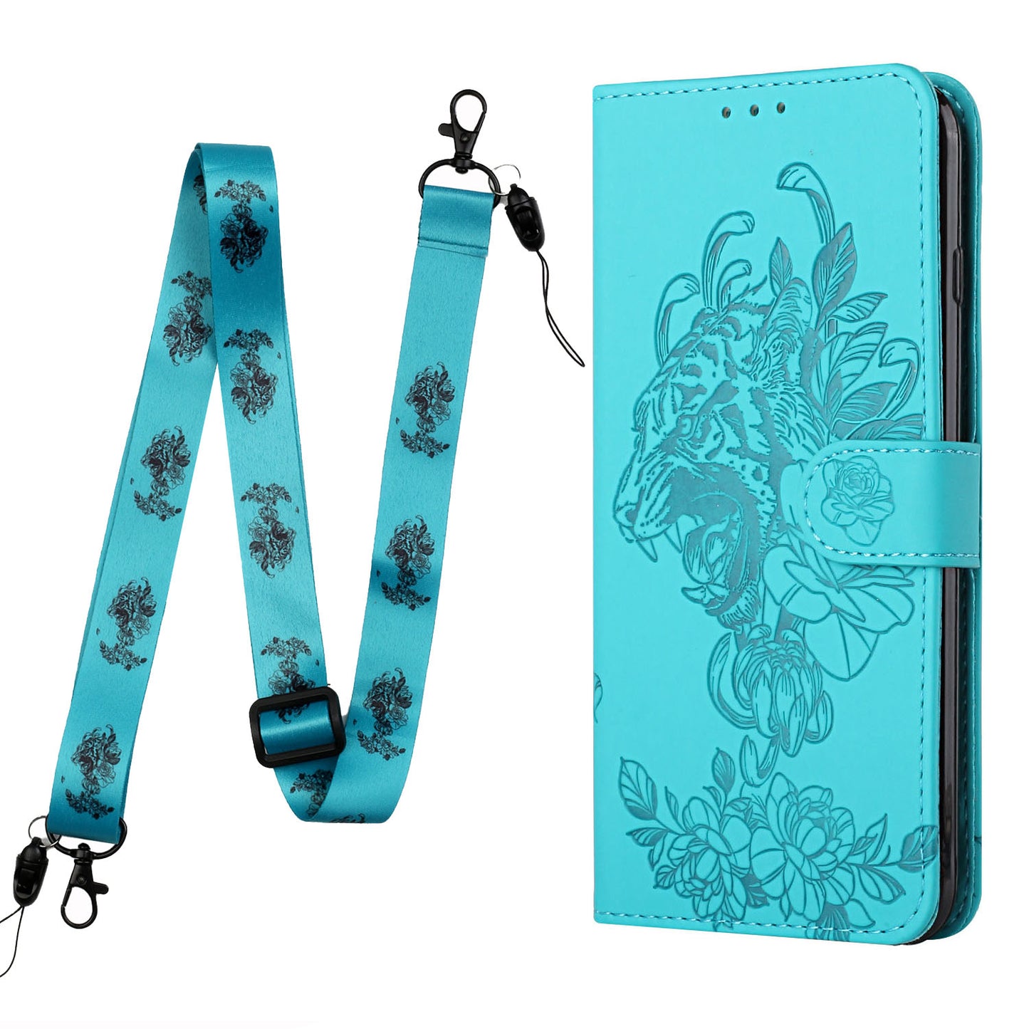 Full Protective Tiger and Flower Imprint Pattern Leather Phone Stand Cover with Strap for Samsung Galaxy S20 Plus 4G/5G - Green