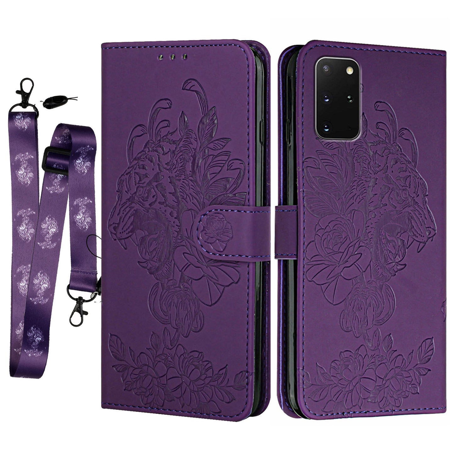 Full Protective Tiger and Flower Imprint Pattern Leather Phone Stand Cover with Strap for Samsung Galaxy S20 Plus 4G/5G - Purple