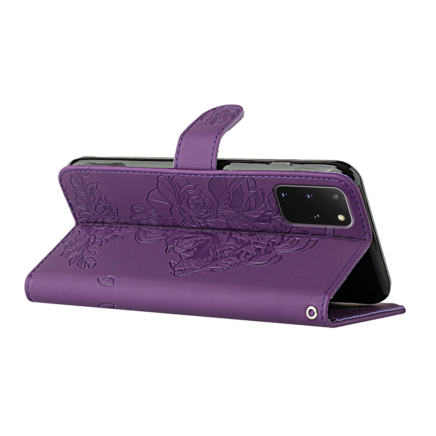 Full Protective Tiger and Flower Imprint Pattern Leather Phone Stand Cover with Strap for Samsung Galaxy S20 Plus 4G/5G - Purple