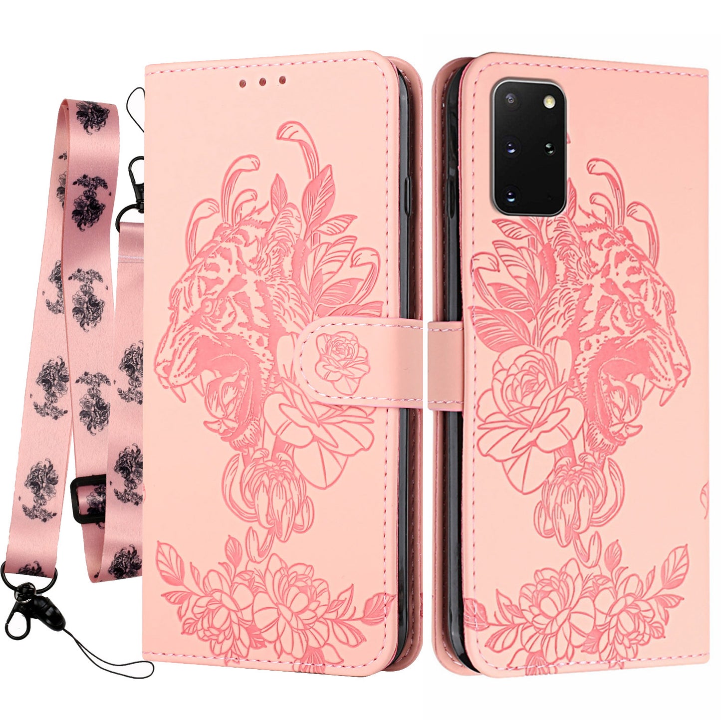 Full Protective Tiger and Flower Imprint Pattern Leather Phone Stand Cover with Strap for Samsung Galaxy S20 Plus 4G/5G - Pink