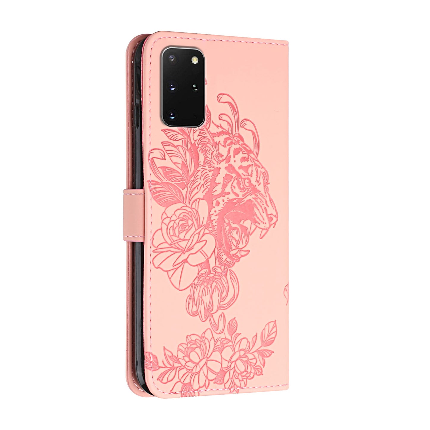 Full Protective Tiger and Flower Imprint Pattern Leather Phone Stand Cover with Strap for Samsung Galaxy S20 Plus 4G/5G - Pink