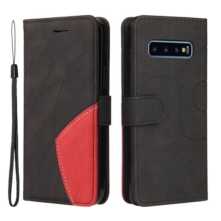 KT Leather Series-1 Bi-color Splicing Leather Case Stand Cover with Strap for Samsung Galaxy S10 - Black