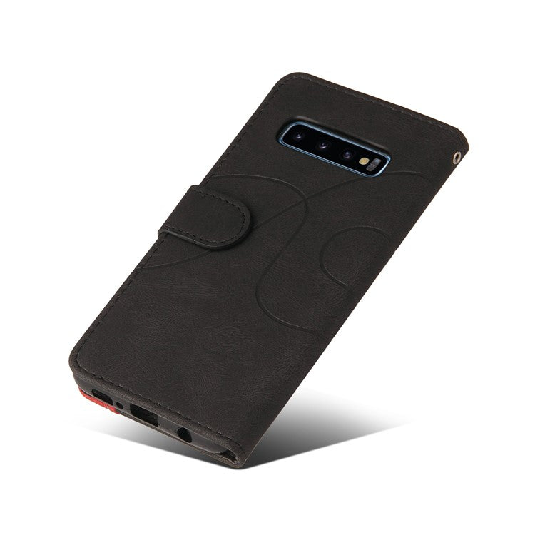 KT Leather Series-1 Bi-color Splicing Leather Case Stand Cover with Strap for Samsung Galaxy S10 - Black