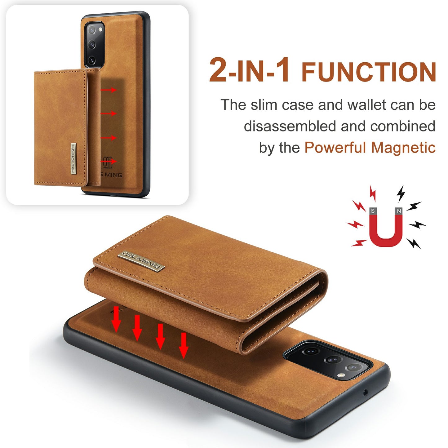 DG.MING M1 Series Magnetic Tri-Fold Wallet + Leather Coated Hybrid Cover Shell with Kickstand for Samsung Galaxy S20 FE 2022/S20 FE 4G/S20 FE 5G/S20 Lite - Brown