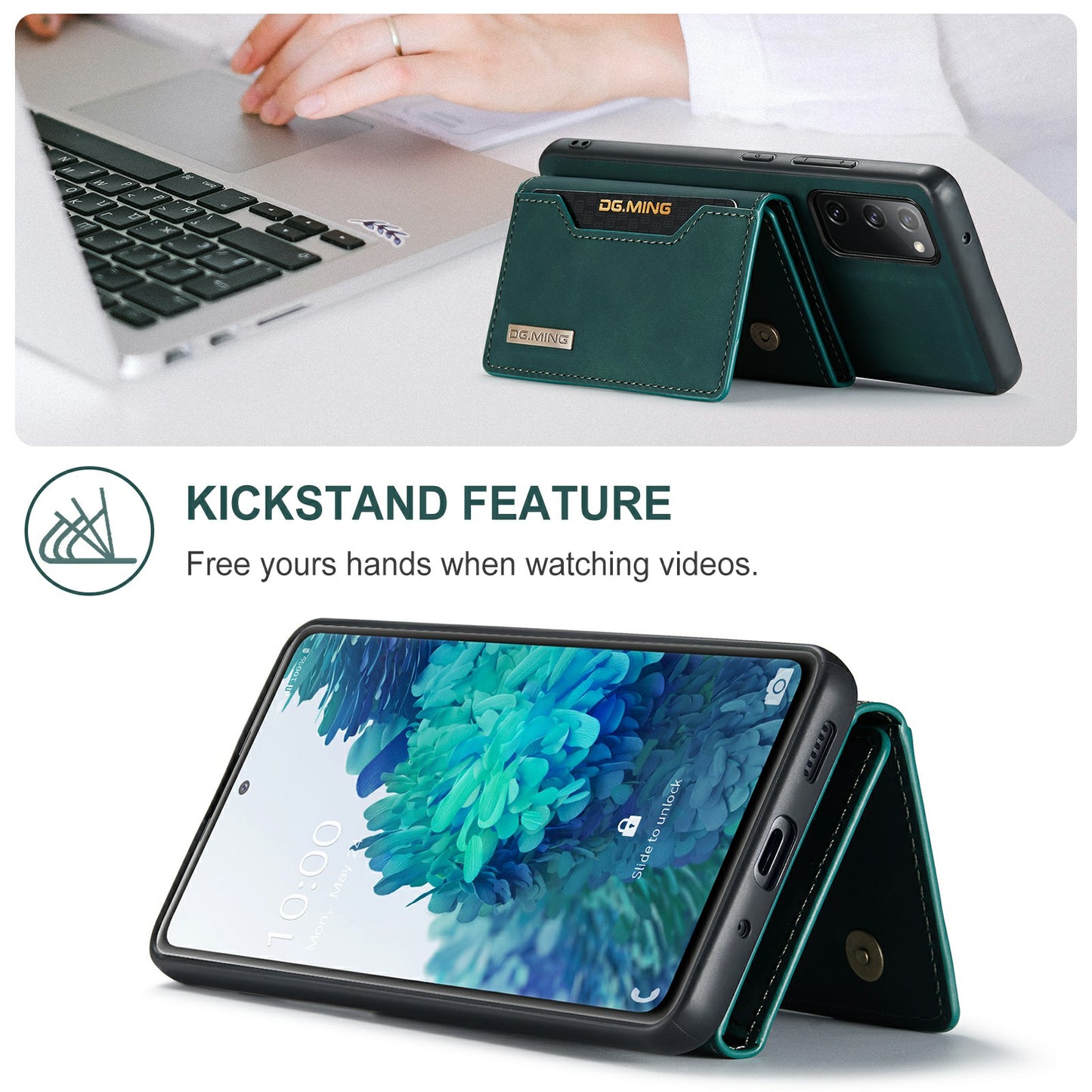 DG.MING M2 Series Magnetic Detachable Hybrid Case with Tri-Fold Wallet Kickstand Design for Samsung Galaxy S20 FE 2022/S20 FE 4G/S20 FE 5G/S20 Lite - Green
