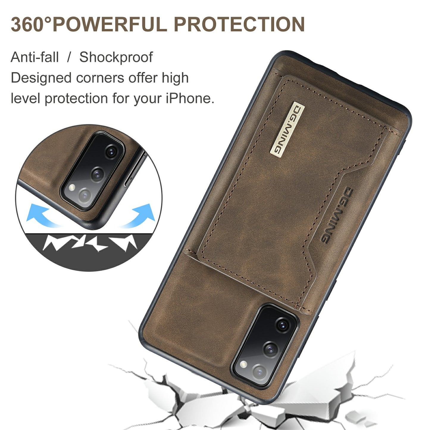 DG.MING M2 Series Magnetic Detachable Hybrid Case with Tri-Fold Wallet Kickstand Design for Samsung Galaxy S20 FE 2022/S20 FE 4G/S20 FE 5G/S20 Lite - Coffee