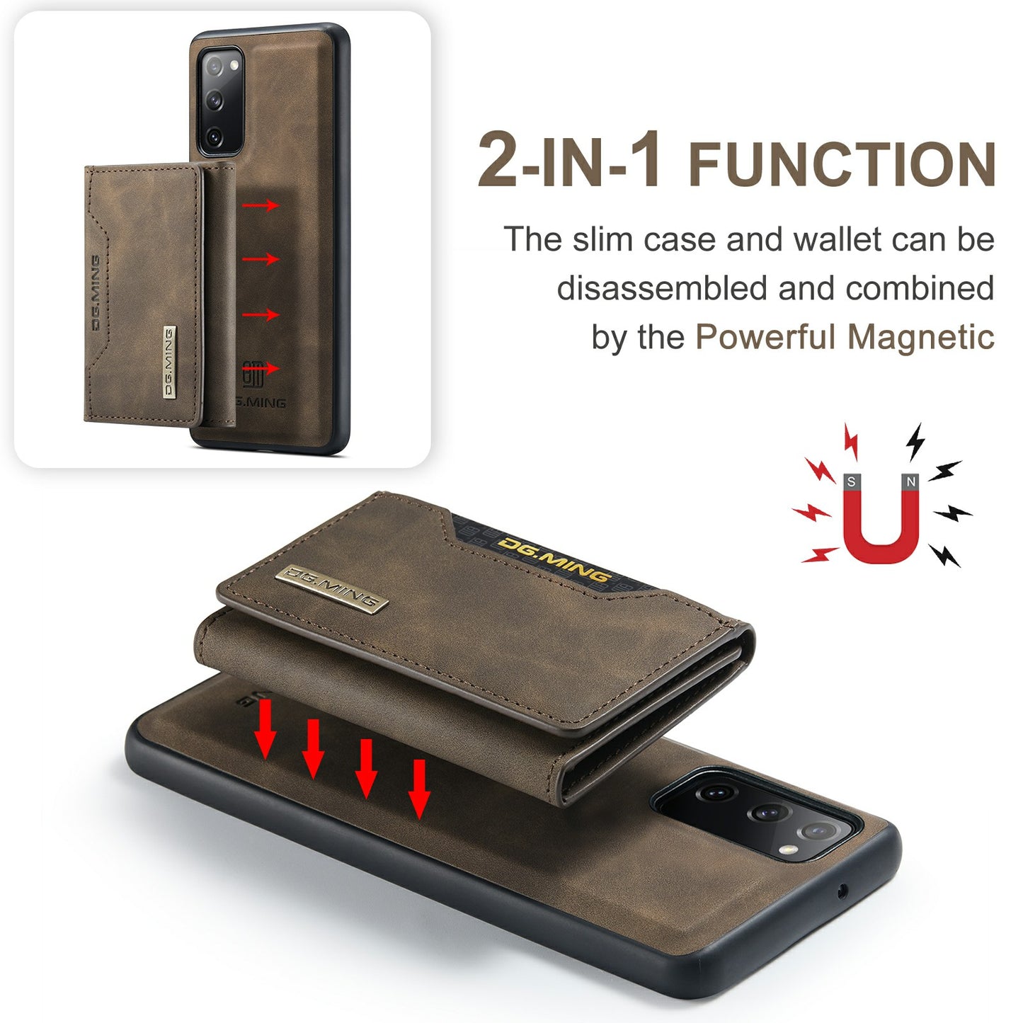 DG.MING M2 Series Magnetic Detachable Hybrid Case with Tri-Fold Wallet Kickstand Design for Samsung Galaxy S20 FE 2022/S20 FE 4G/S20 FE 5G/S20 Lite - Coffee