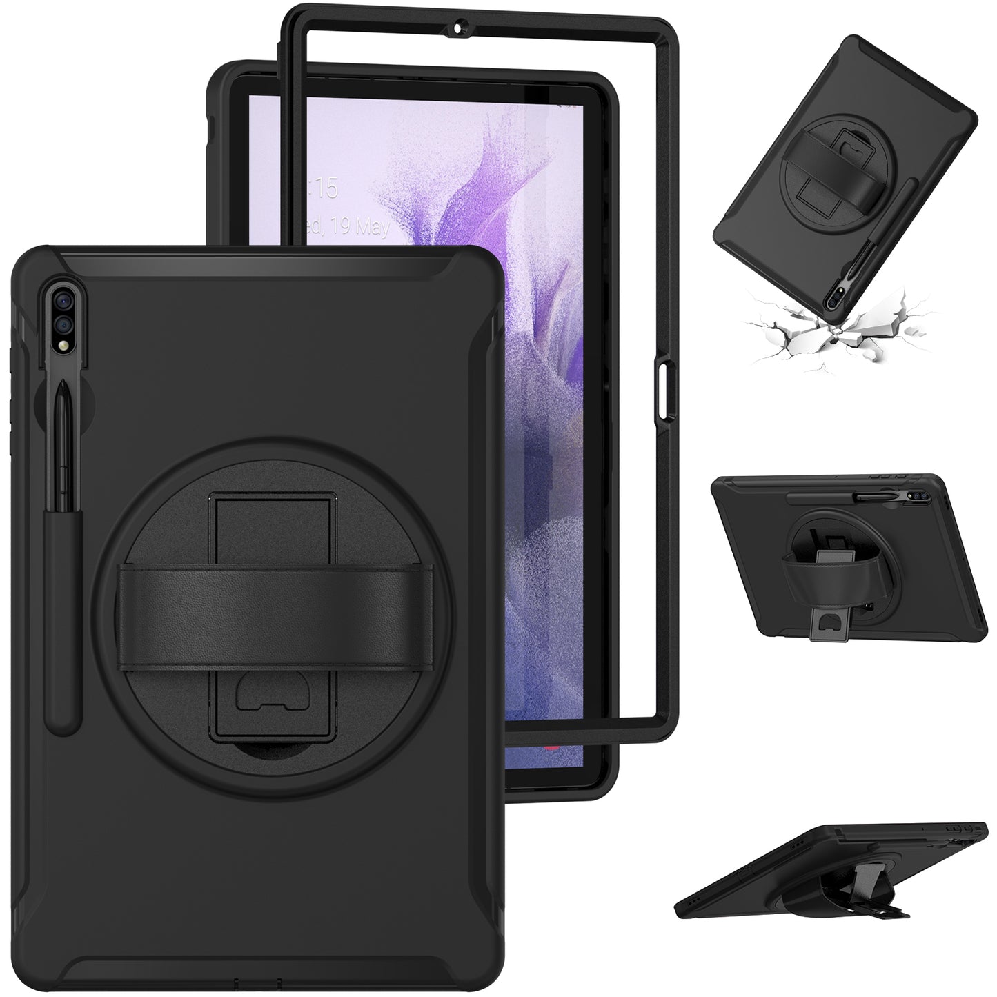 For Samsung Galaxy Tab S9 FE+ / S9+ / S8+ / S7+ / S7 FE T730 / T735 / T736B / T736N 360° Rotary Kickstand PC + TPU Drop-Resistant Tablet Case with Handy Strap - Black